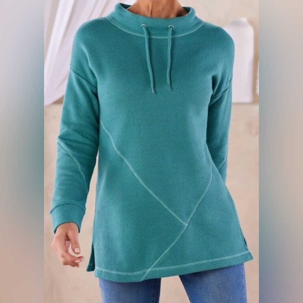 Soft Surroundings Danika Teal Mock Cowl Neck Long Sleeve Textured Tunic Top
